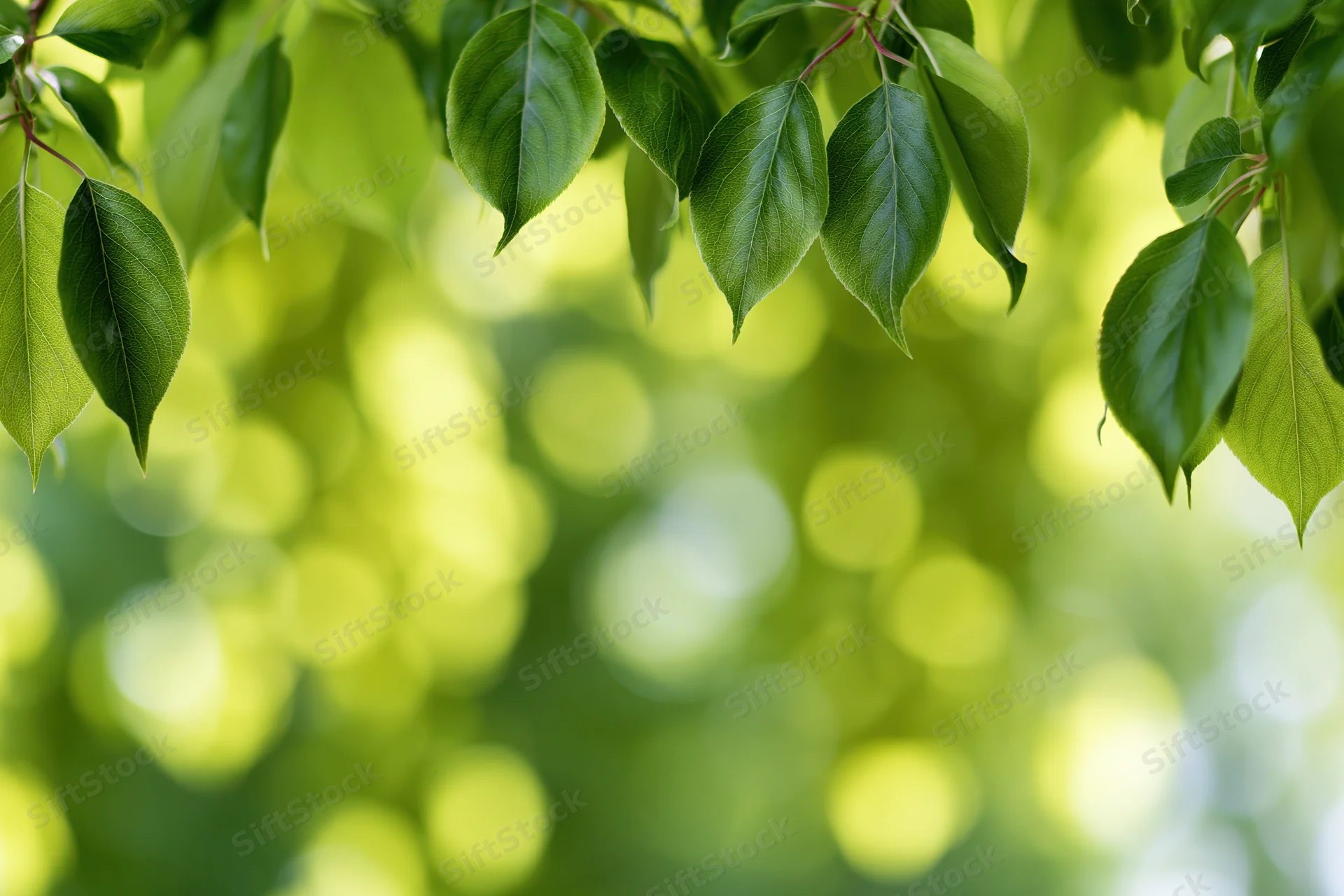 Green tree leaves framing the edges of the image with soft bokeh background