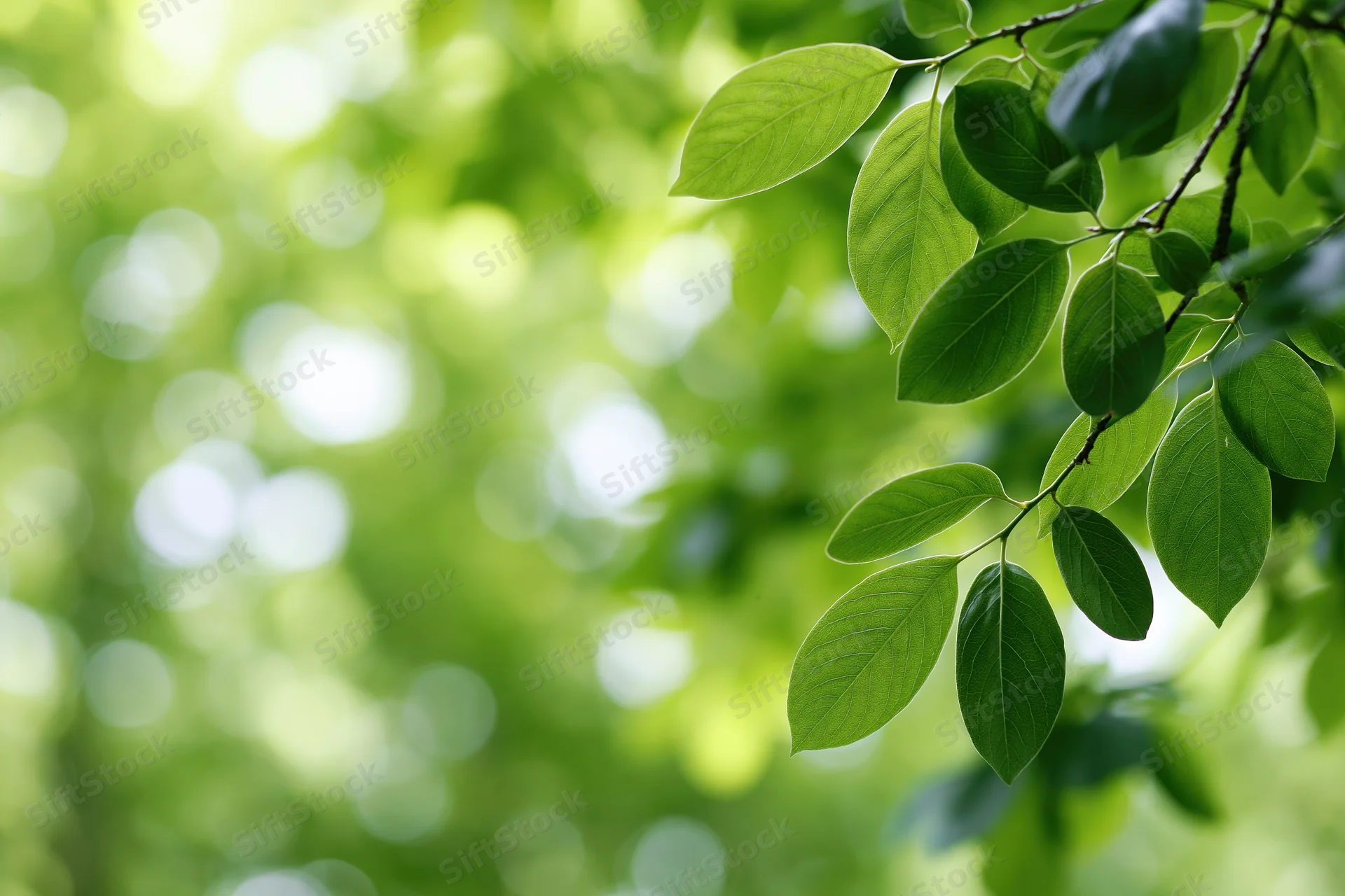 Green leaves on a branch framing the right side of the image with a blurred natural background