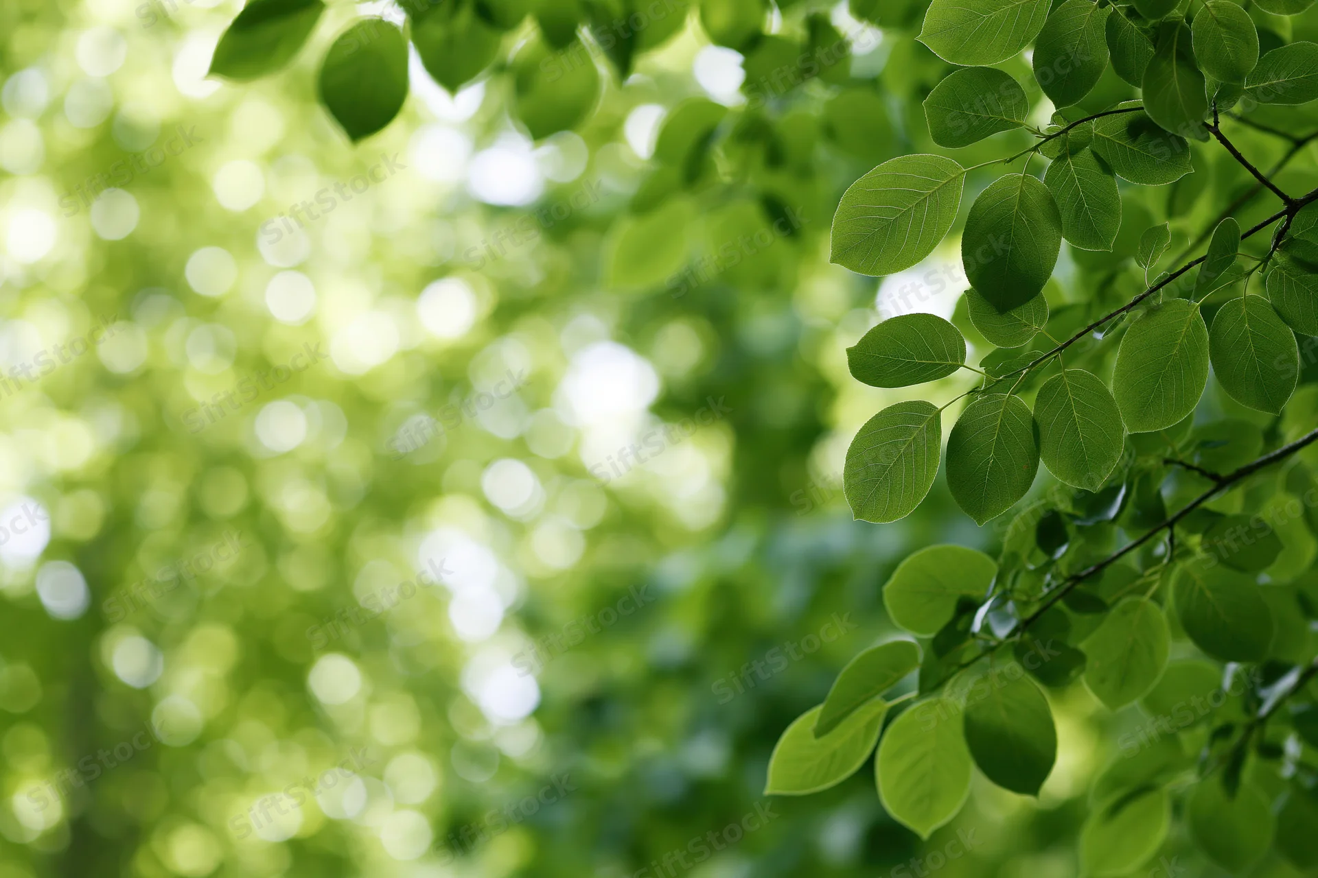 Green leaves on branches framing the right edge of the image with soft sunlight filtering through the canopy