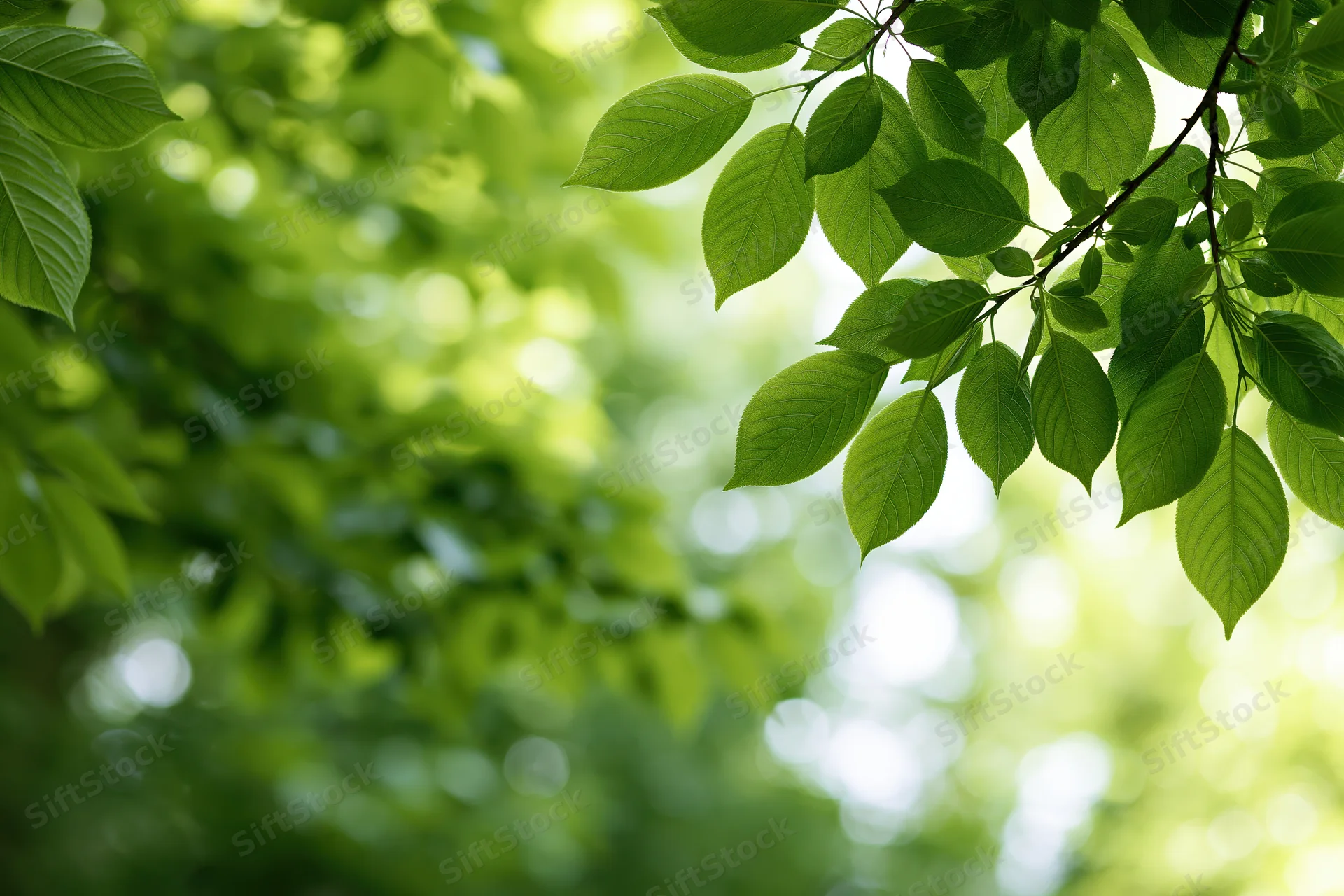 Fresh green leaves on branches framing the right edge of the frame with soft sunlight filtering through the foliage