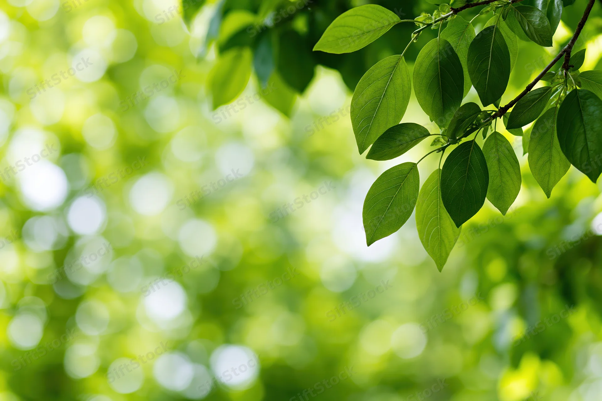 Green tree leaves on a branch framing the right edge of the image with blurred foliage background