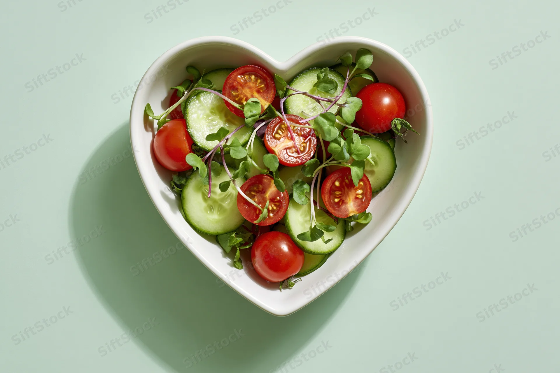 Heart-shaped bowl filled with sliced cucumbers and halved cherry tomatoes on a mint green surface