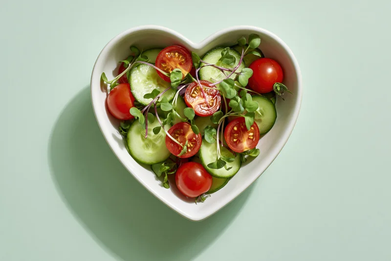 Heart-shaped bowl filled with sliced cucumbers and halved cherry tomatoes on a mint green surface