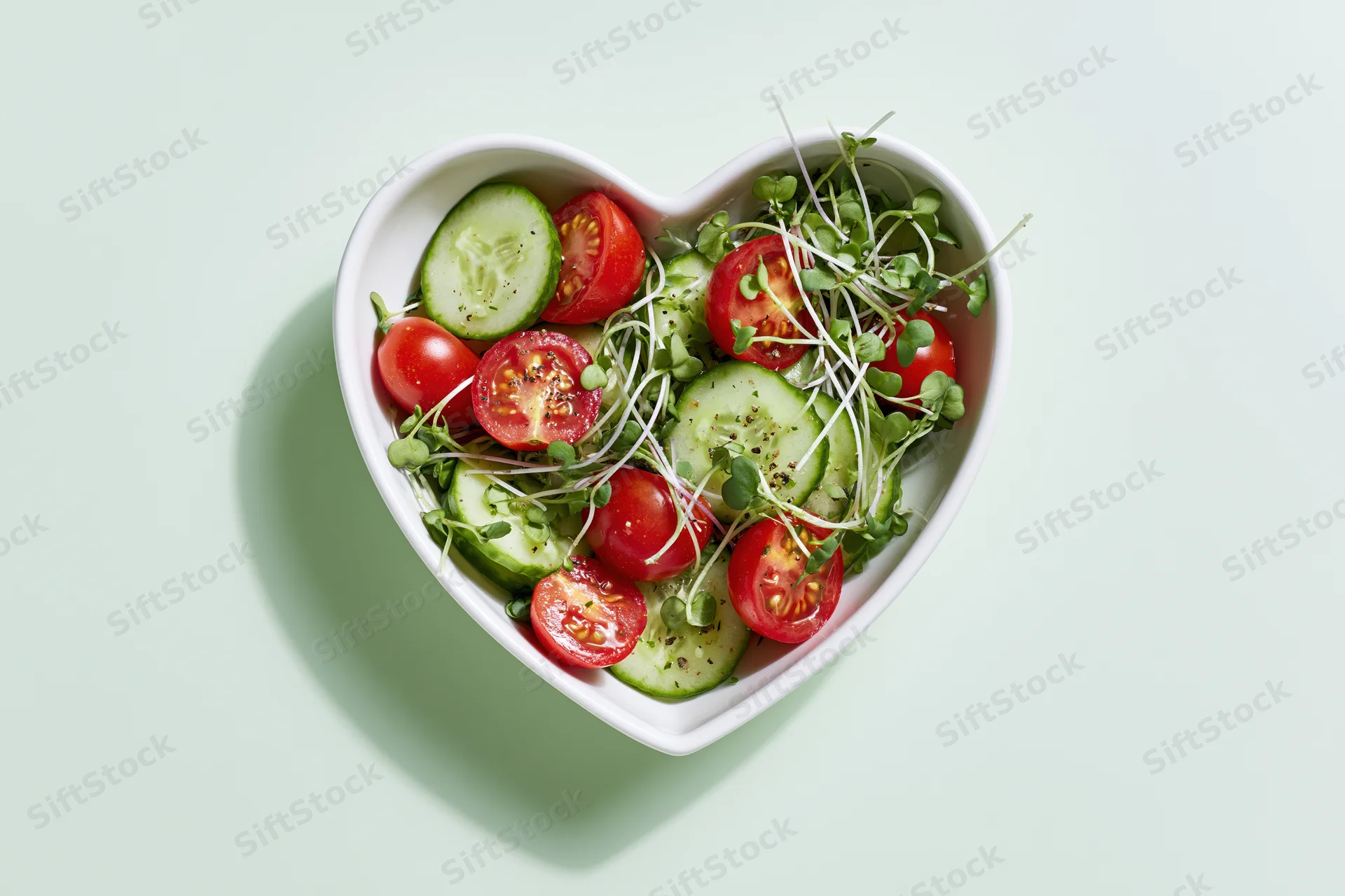Heart-shaped bowl filled with sliced cucumbers, halved cherry tomatoes, and microgreens on a light green surface