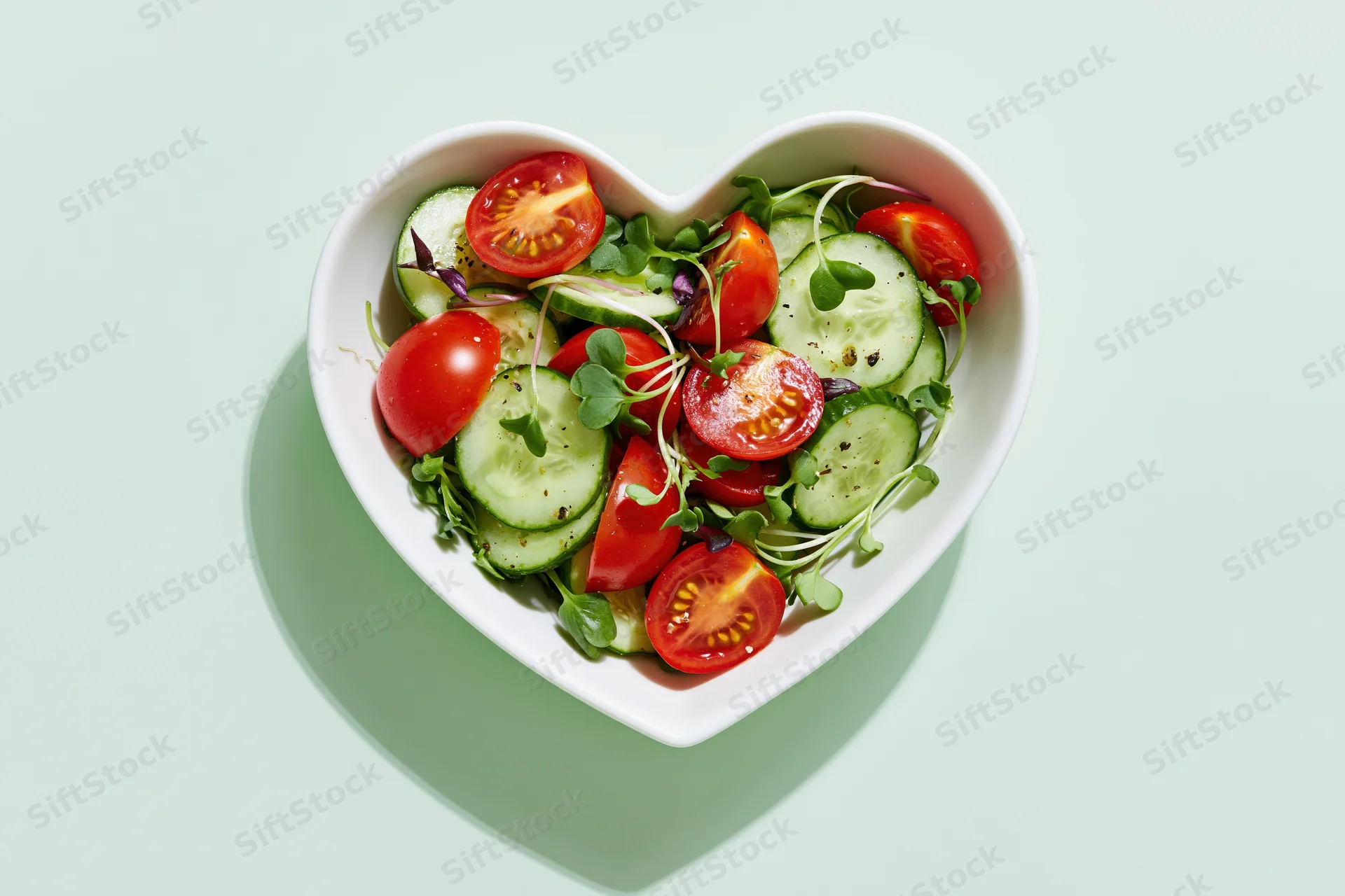 Heart-shaped bowl filled with sliced cucumbers and halved cherry tomatoes on a light green surface