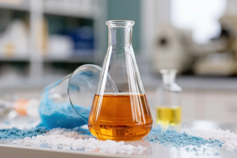 Erlenmeyer flask with amber liquid on lab bench surrounded by spilled blue powder and other glassware