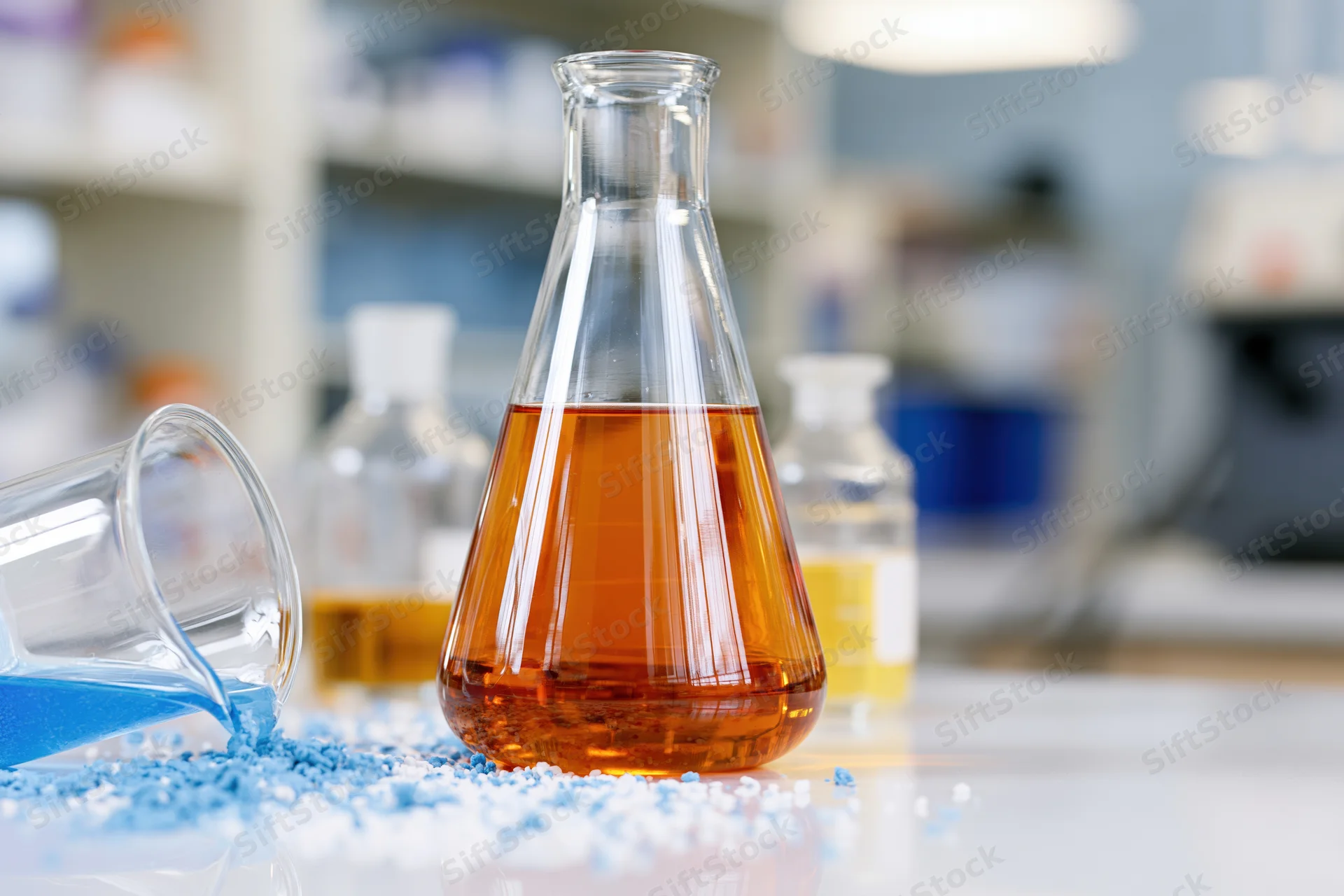 Amber liquid in a glass flask on a lab bench with blue granules spilled from a beaker