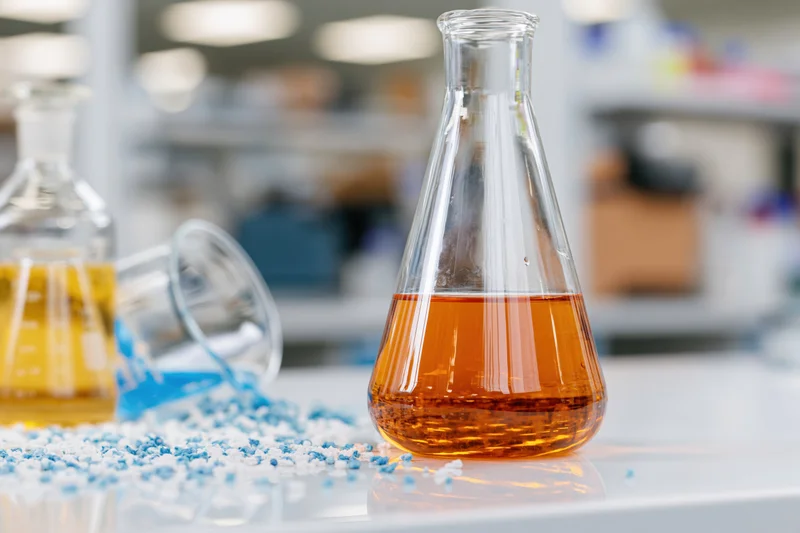Conical glass flask filled with amber liquid on lab bench with scattered blue crystals and another beaker in background