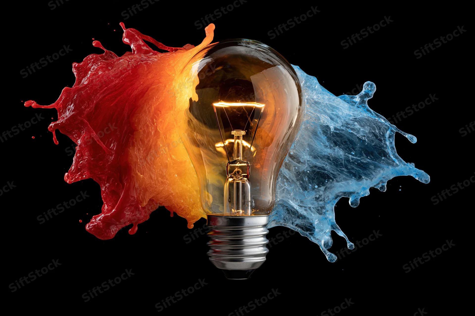 Glowing incandescent lightbulb with red and blue splashes on black background