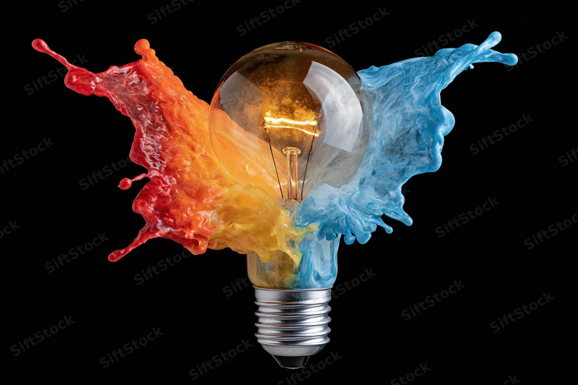 Illuminated incandescent lightbulb with colorful liquid splashes against black background