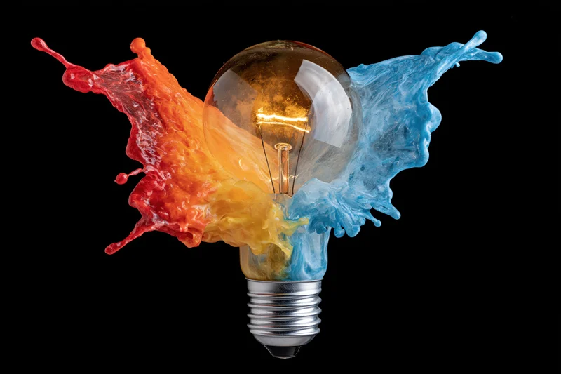Illuminated incandescent lightbulb with colorful liquid splashes against black background