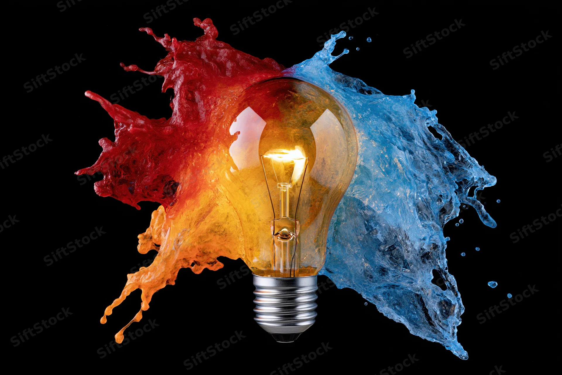 Illuminated incandescent lightbulb with red and blue liquid splashes against black background