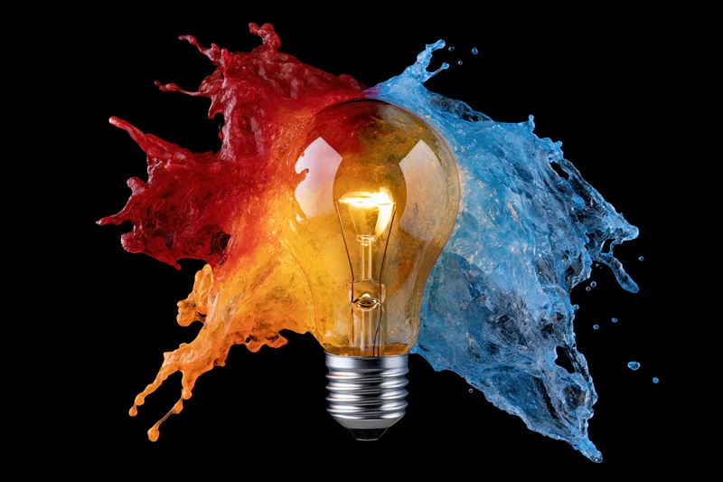 Illuminated incandescent lightbulb with red and blue liquid splashes against black background