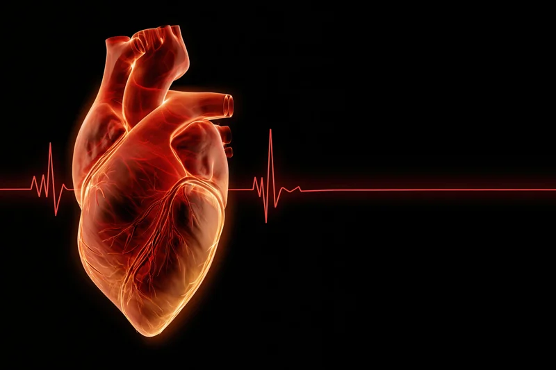 Glowing anatomical human heart with red ecg line on black background