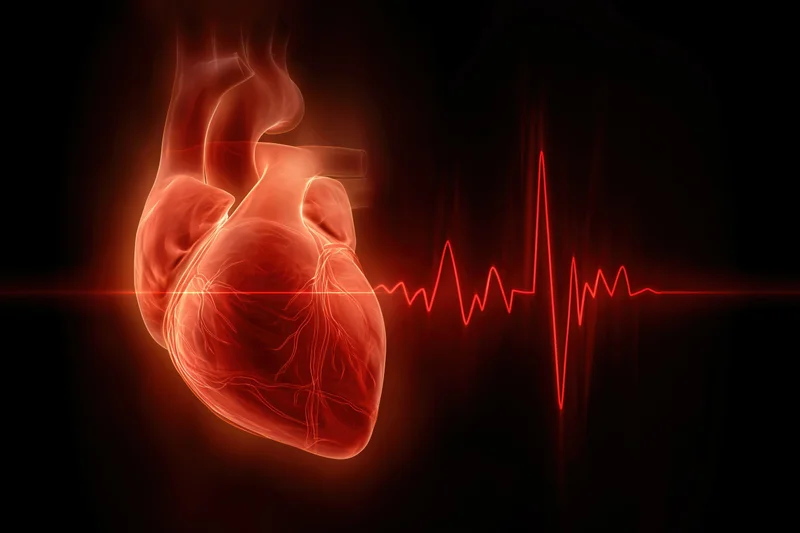 Glowing anatomical human heart with red ecg waveform on dark background