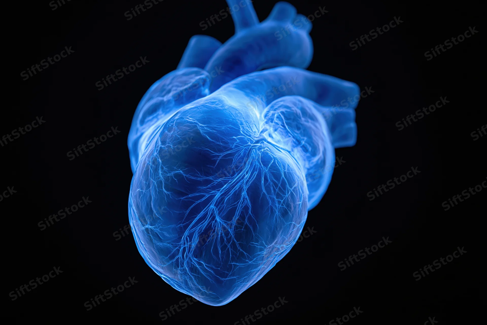 Glowing blue anatomical human heart model floating against a black background