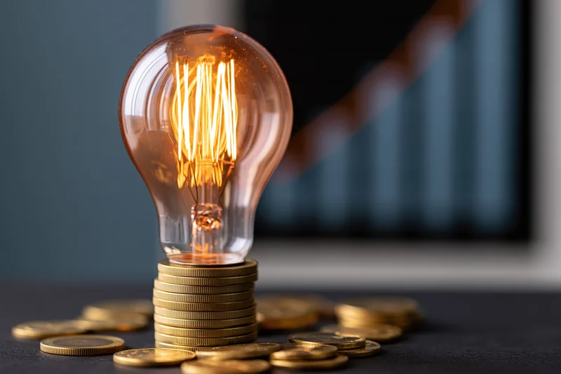 Glowing incandescent lightbulb resting on a stack of gold coins on a dark surface
