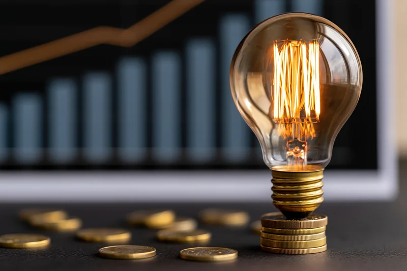 Glowing incandescent lightbulb resting on stack of gold coins with financial chart in background