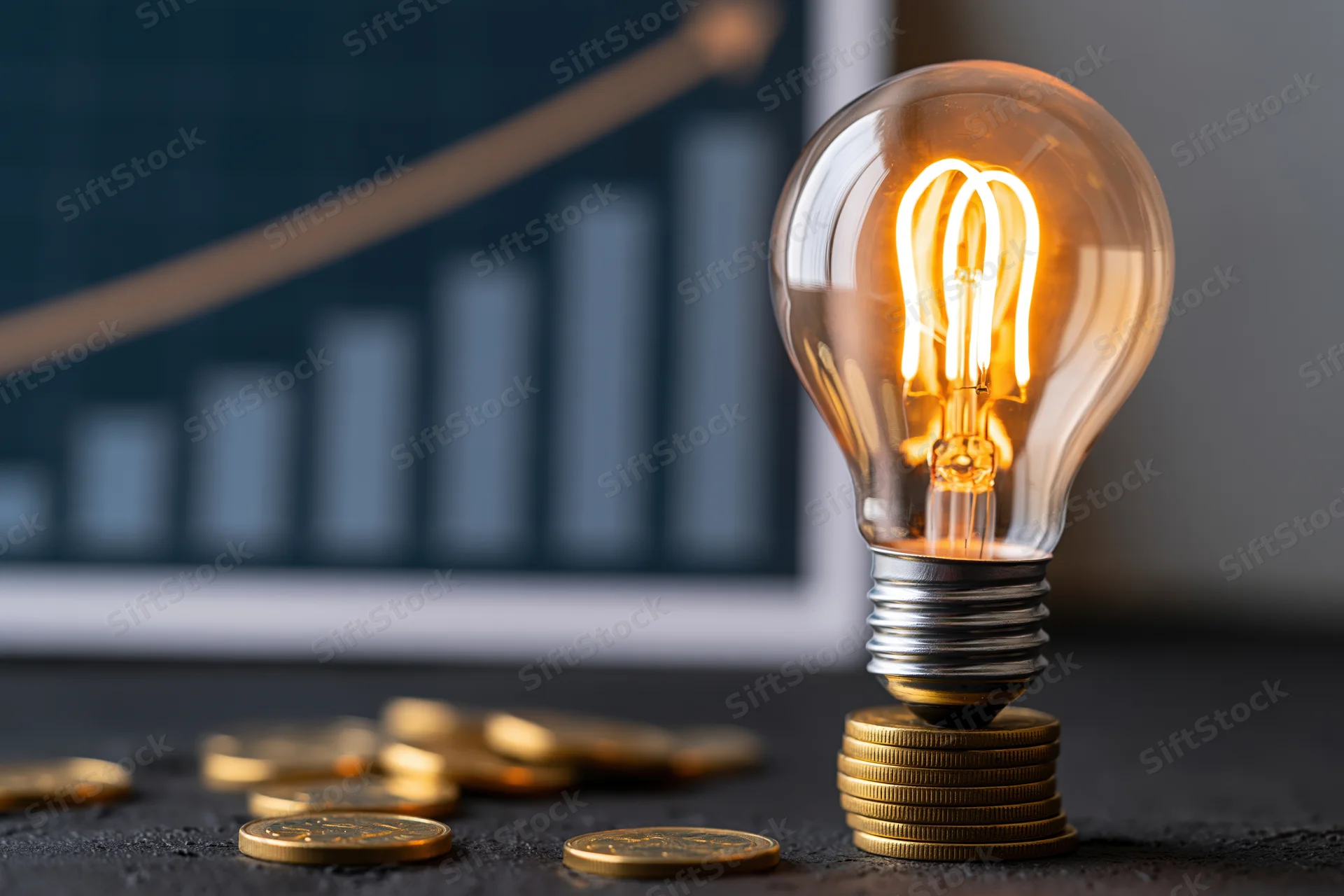 Glowing incandescent lightbulb on stack of gold coins with financial chart in background