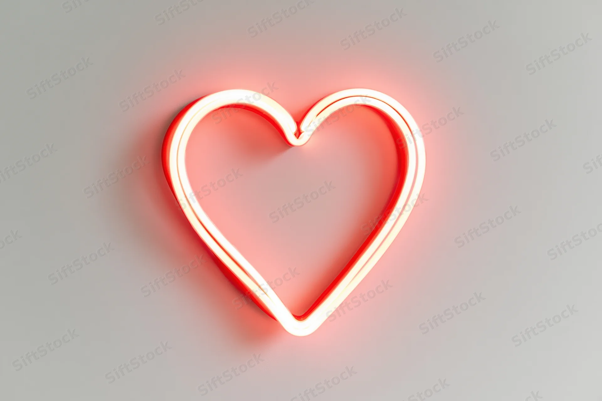 Glowing neon heart outline on a plain wall with soft red light and copyspace