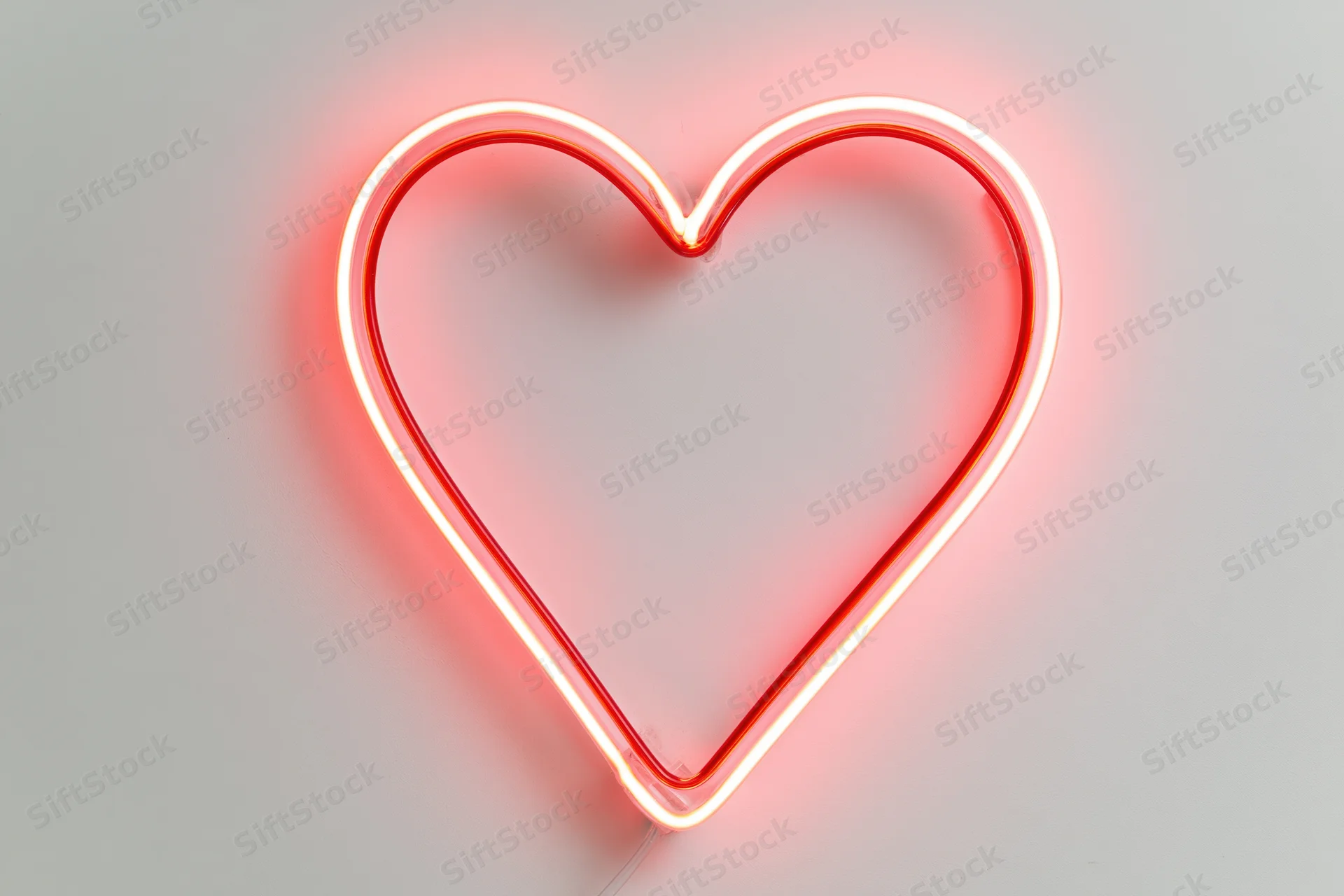 Glowing red neon heart outline mounted on a white wall
