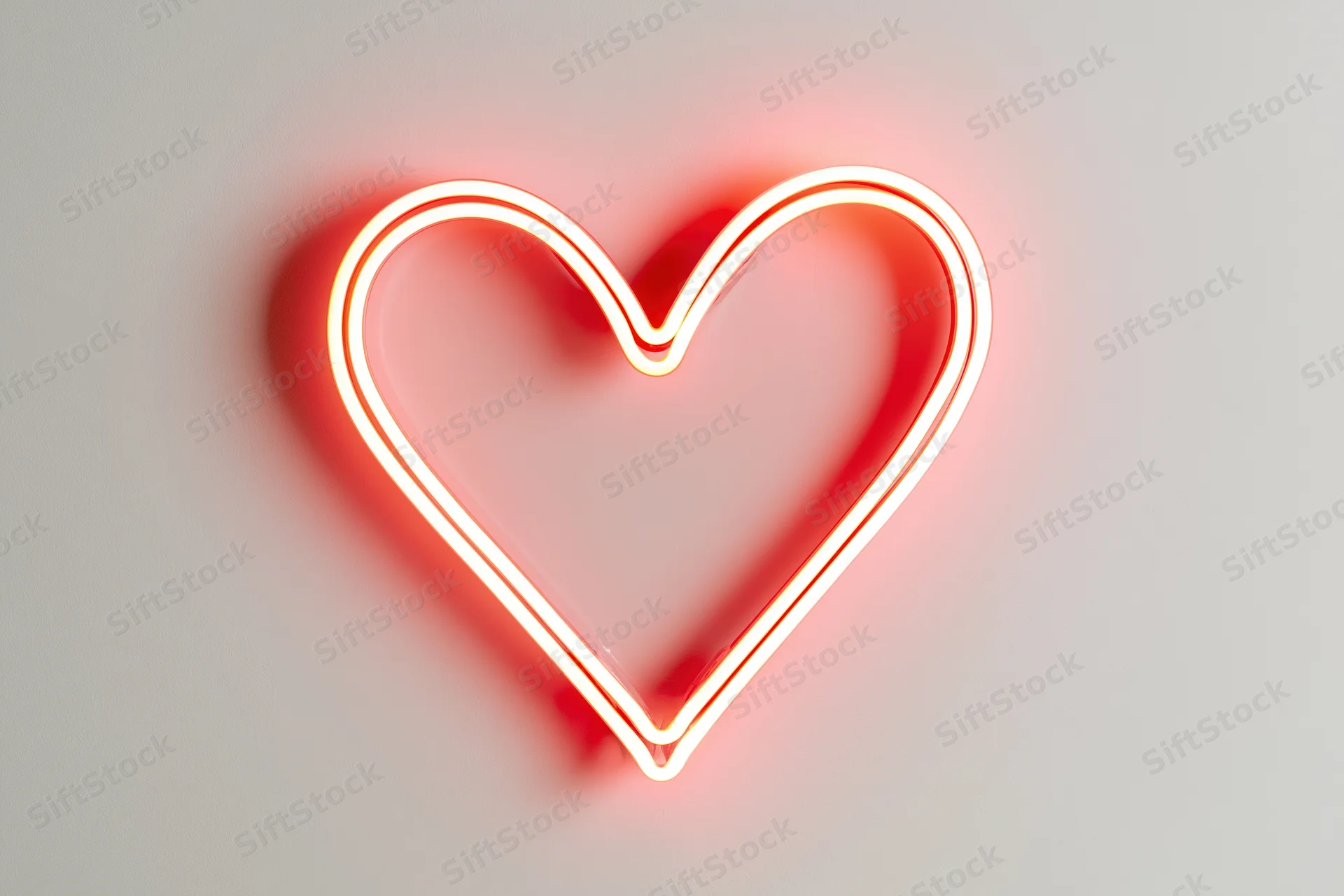 Glowing neon heart outline on a white wall
