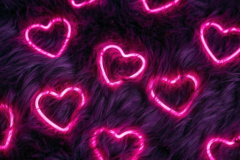Glowing pink neon heart outlines scattered across dark faux fur surface