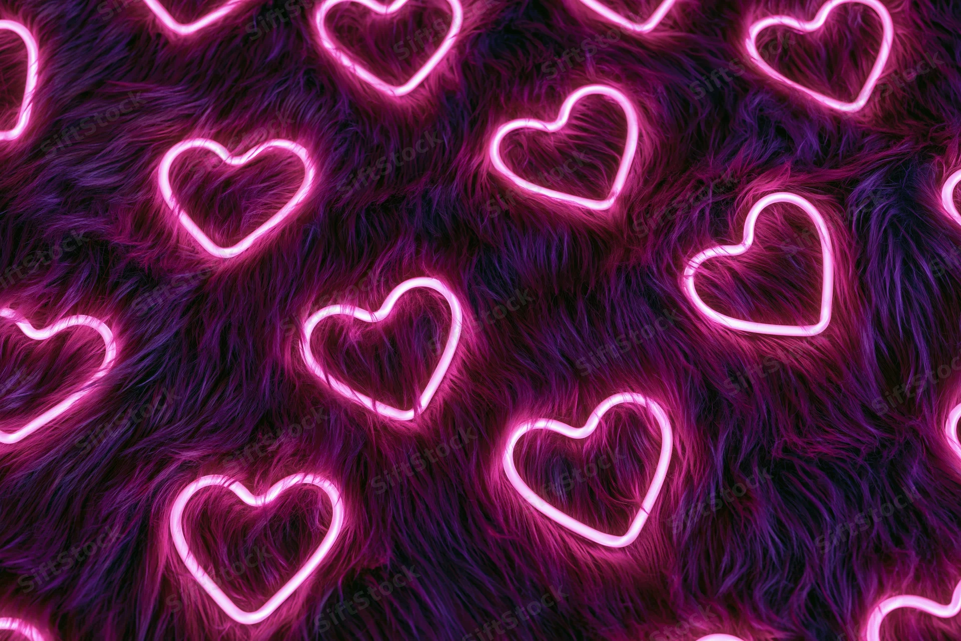 Glowing pink neon heart outlines on dark faux fur texture