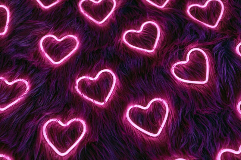 Glowing pink neon heart outlines on dark faux fur texture