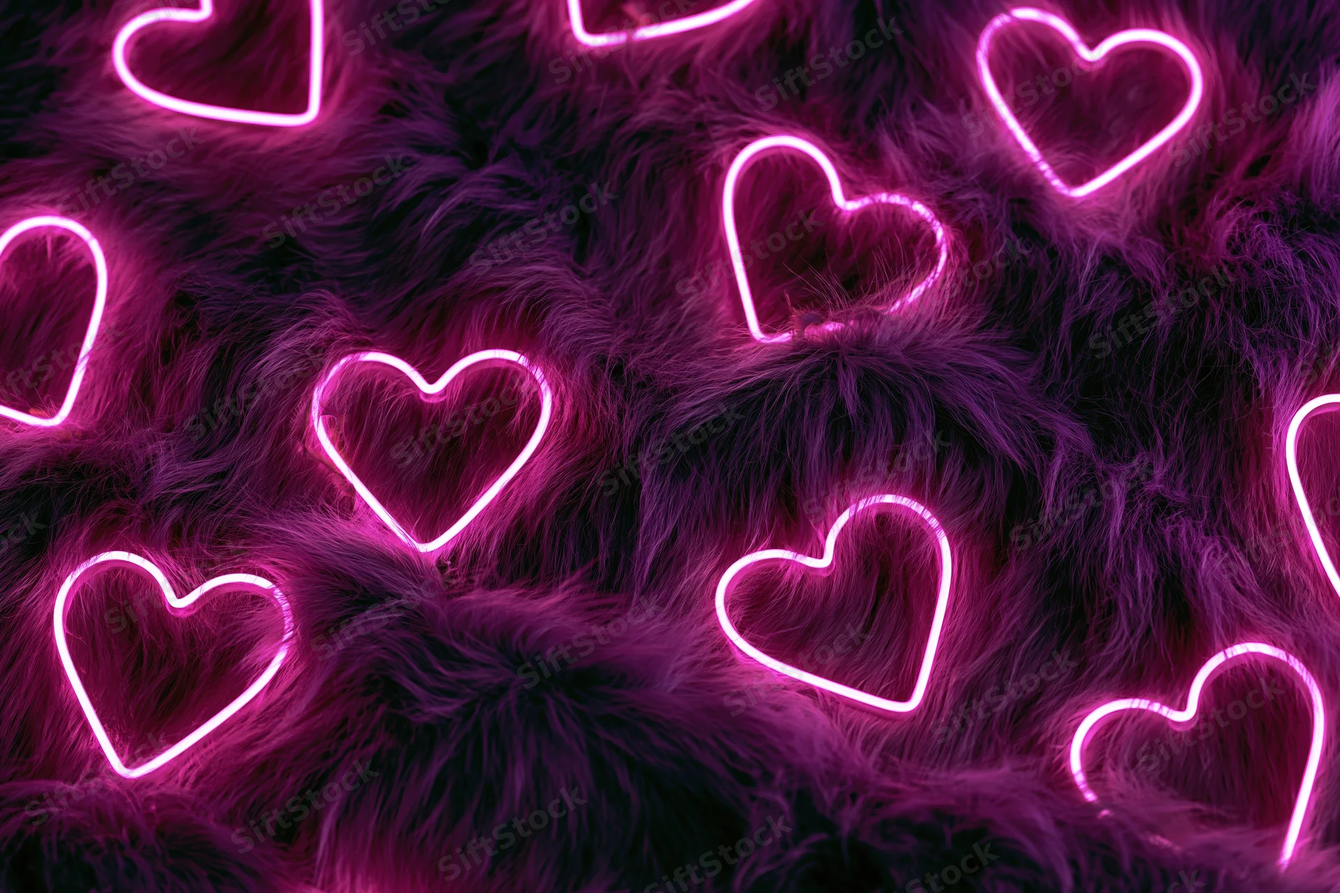 Glowing pink neon heart outlines scattered across a dark faux fur surface