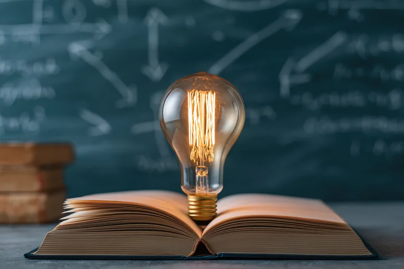Glowing vintage edison lightbulb resting on open book in front of chalkboard with equations