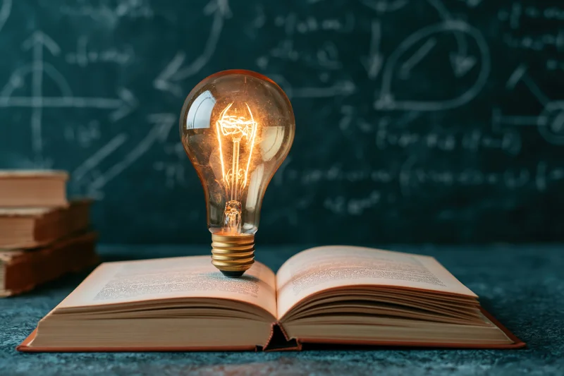 Glowing vintage edison lightbulb resting on open book in front of chalkboard with equations