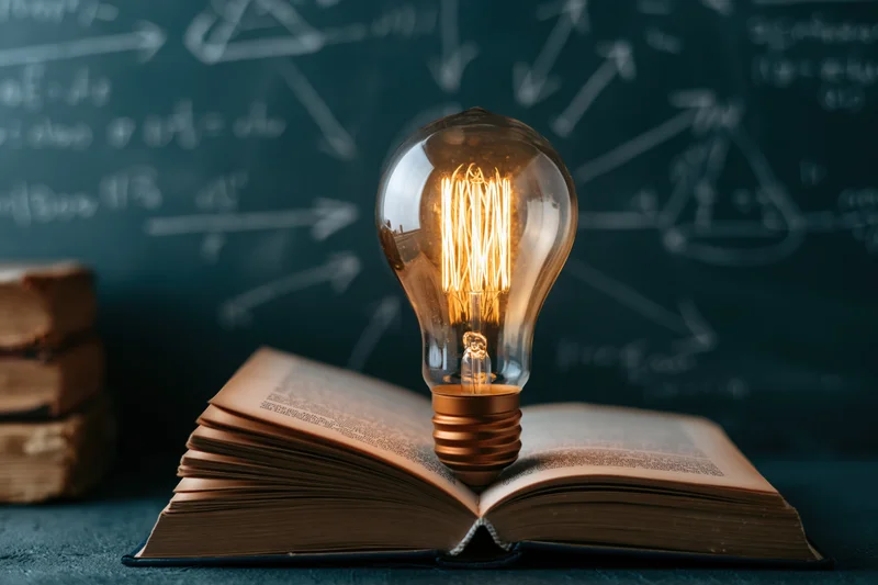 Glowing vintage edison lightbulb resting on open book in front of chalkboard with mathematical equations