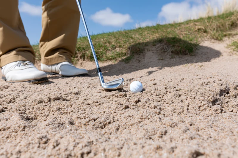 Golfer standing in sand bunker with iron club near golf ball on course