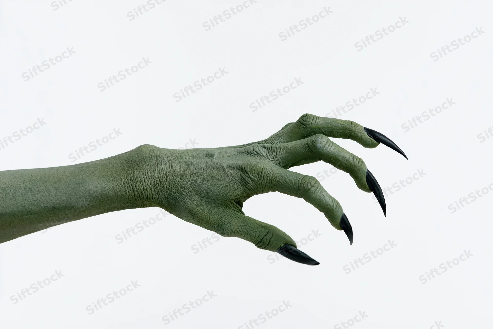 Green-painted hand with long black claws extended against white background