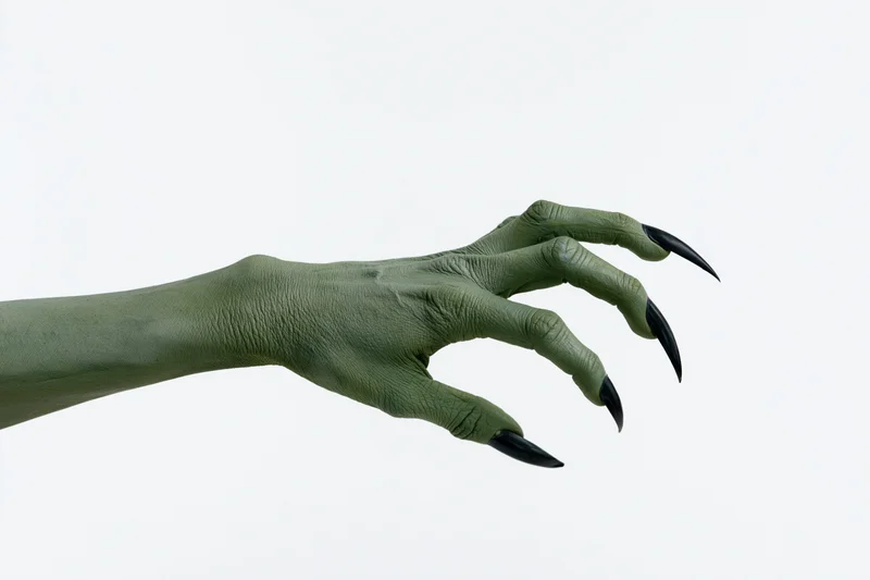 Green-painted hand with long black claws extended against white background