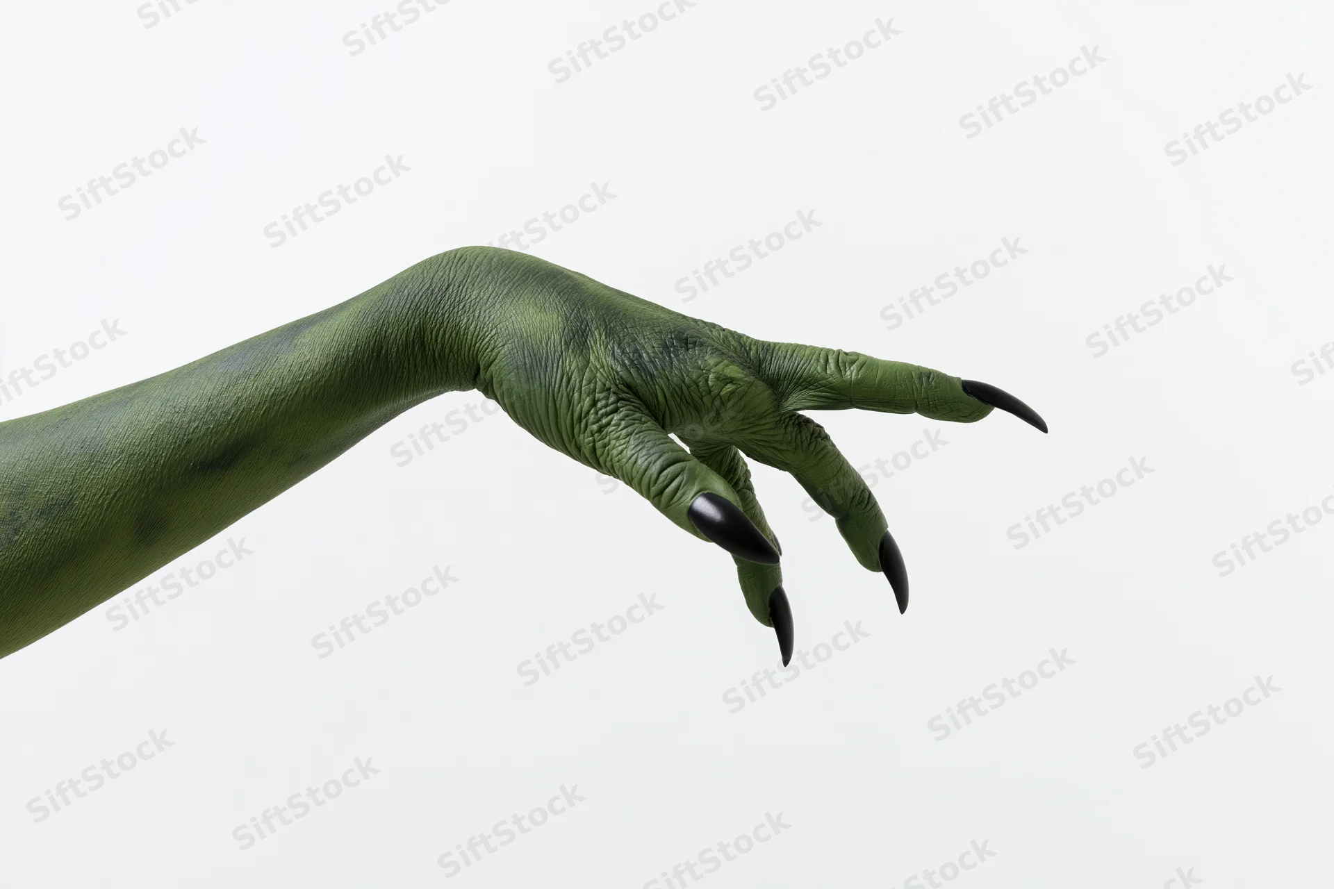 Green-painted hand with long black claws extended against white background