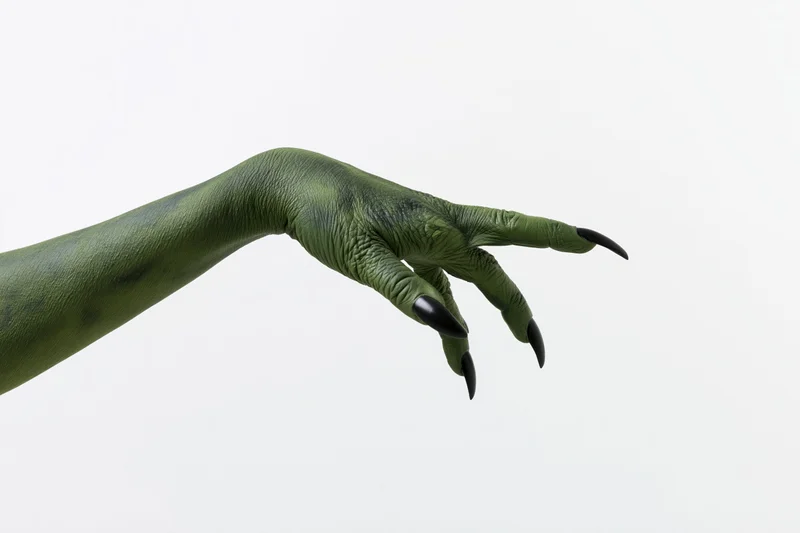 Green-painted hand with long black claws extended against white background