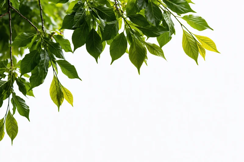Green tree branches with fresh leaves hanging over white background