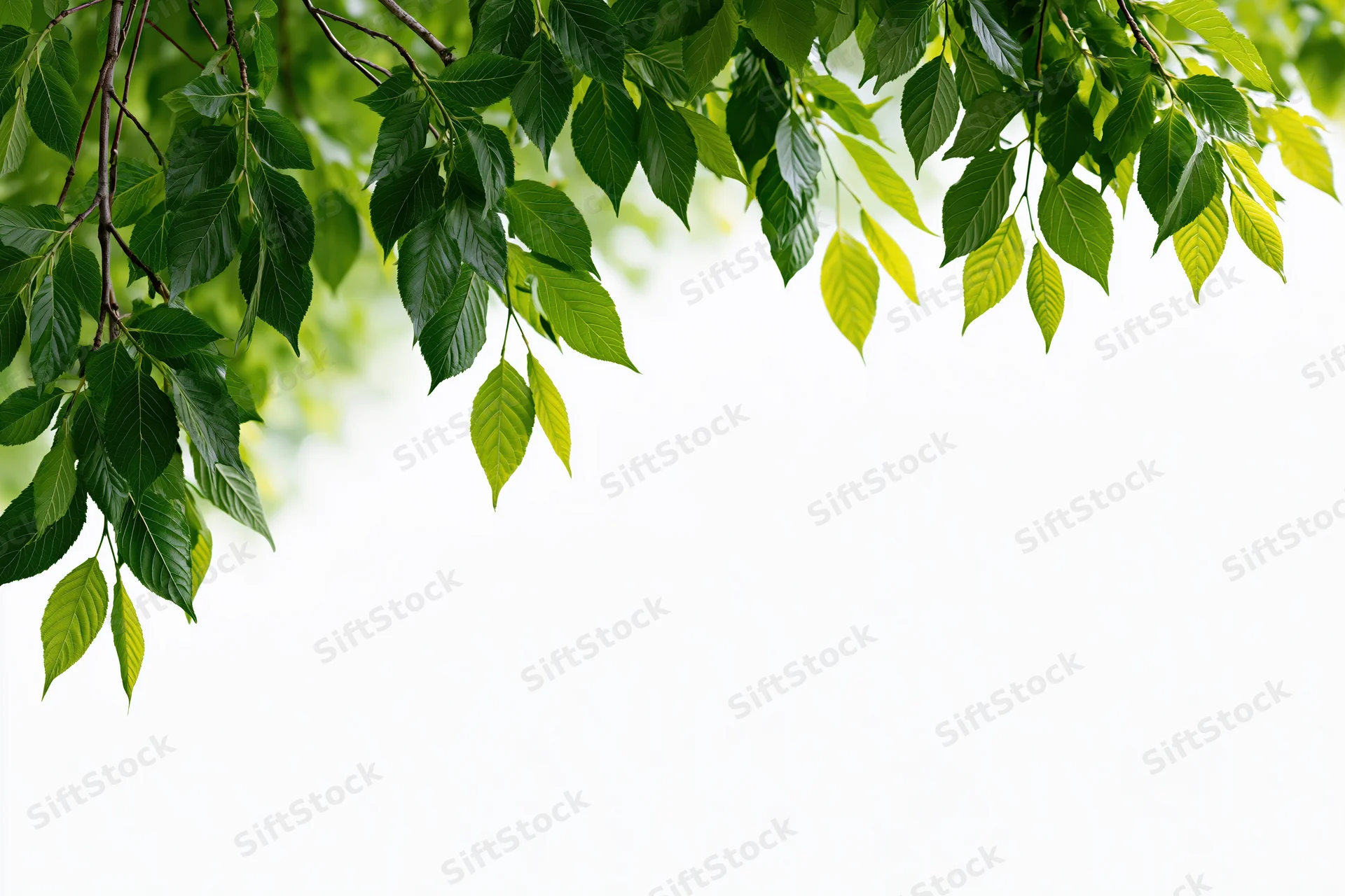 Green tree branches with fresh leaves hanging over white background