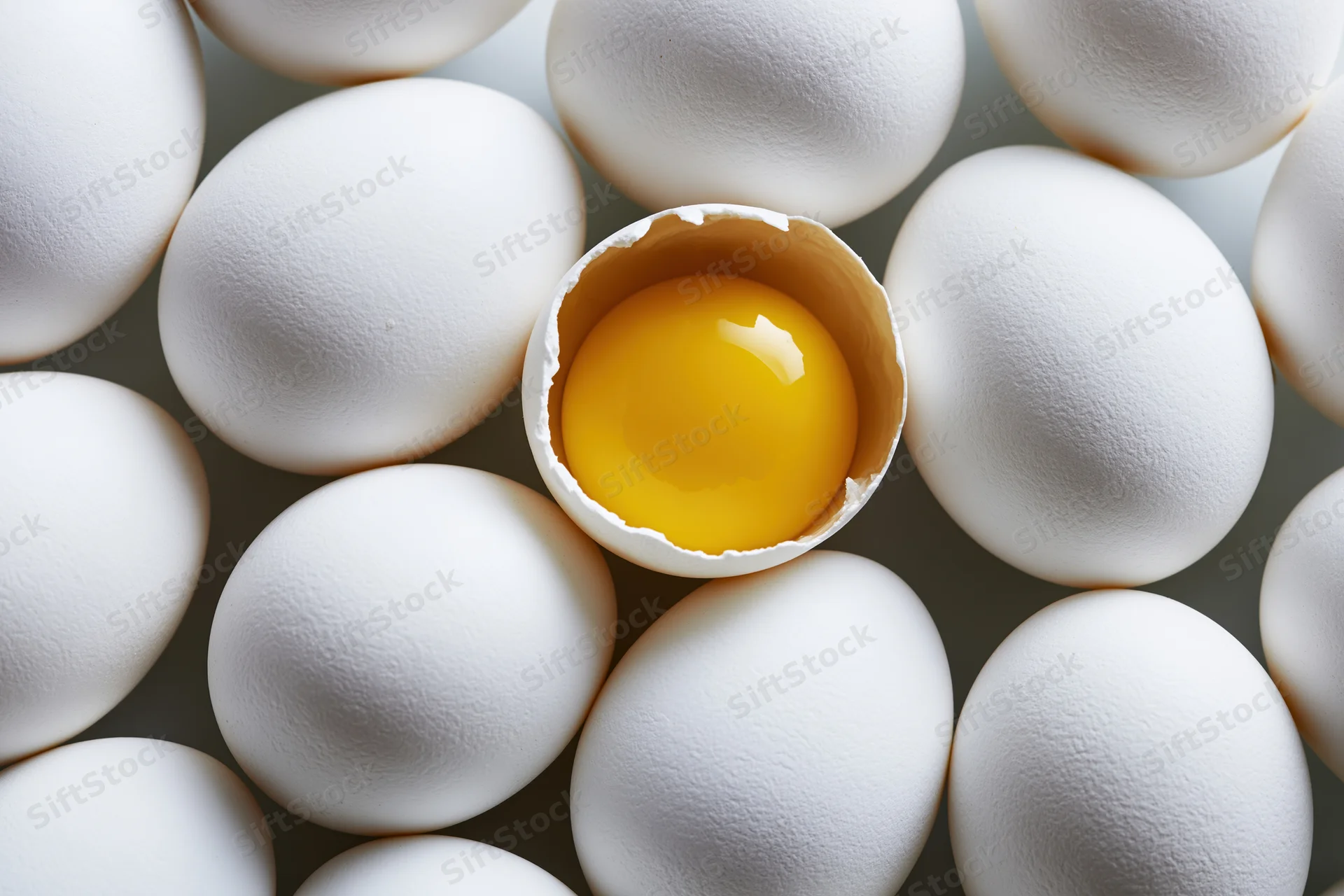 Cracked egg with visible yolk surrounded by whole white eggs in a grid pattern
