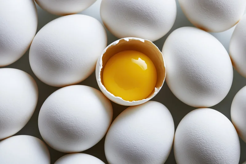 Cracked egg with visible yolk surrounded by whole white eggs in a grid pattern