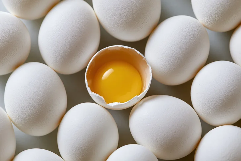 Cracked egg with visible yolk surrounded by whole white eggs in a circular arrangement on a light surface