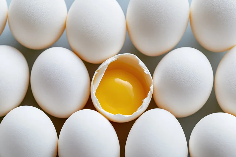 Grid of white eggs with one cracked open revealing yolk at center