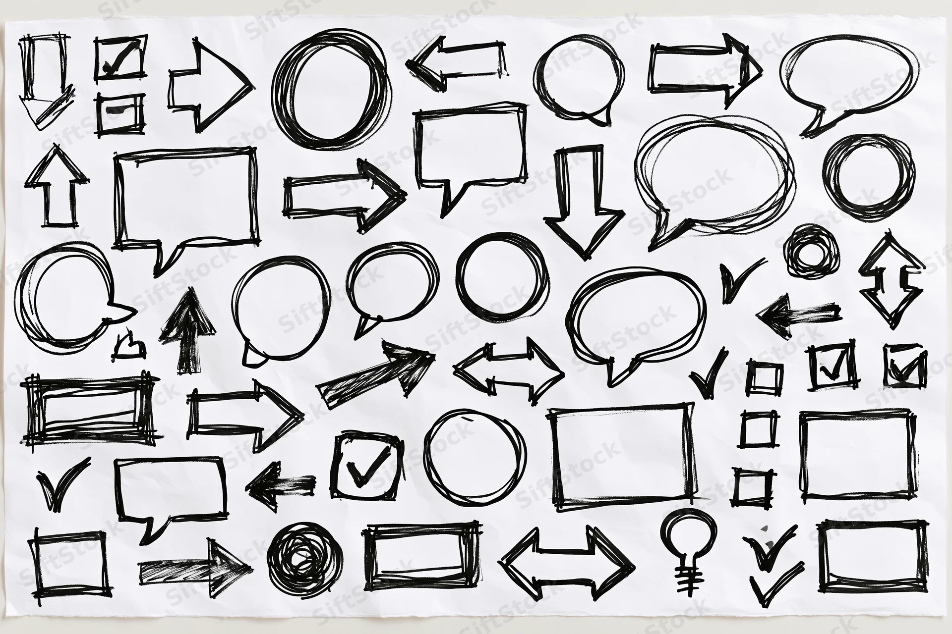 Hand-drawn doodle collection of arrows, speech bubbles and circles on white paper