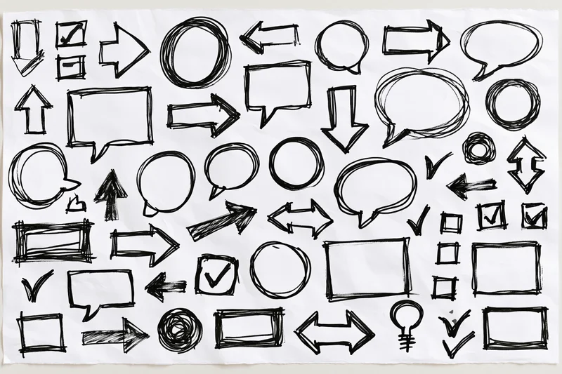 Hand-drawn doodle collection of arrows, speech bubbles and circles on white paper