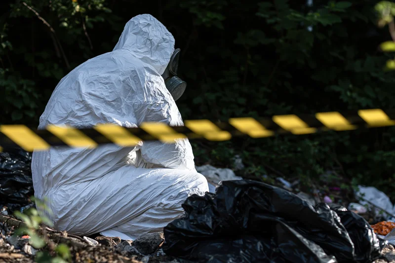 Hazmat worker in white protective suit and gas mask crouching among debris behind caution tape in wooded area