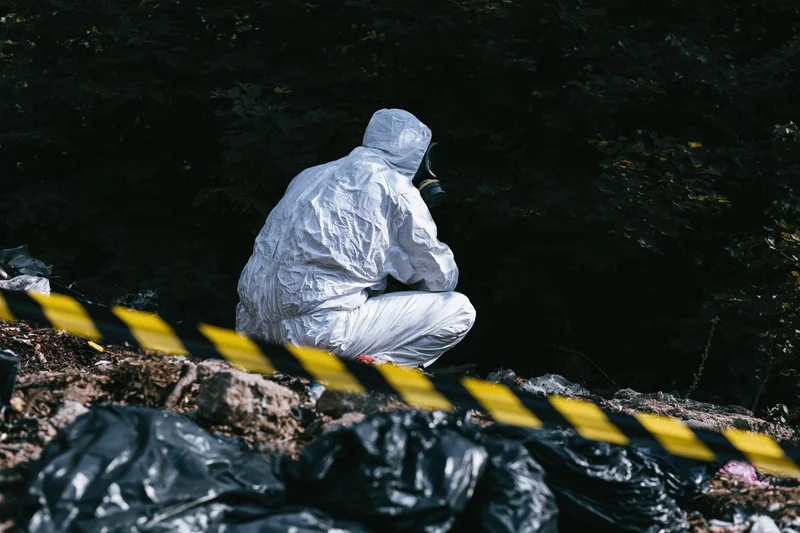 Hazmat worker in white protective suit and gas mask crouching at contaminated outdoor site with caution tape and waste bags