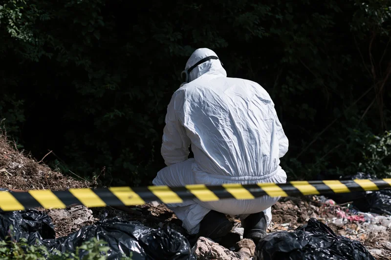 Hazmat worker in white protective suit crouching at contaminated outdoor site