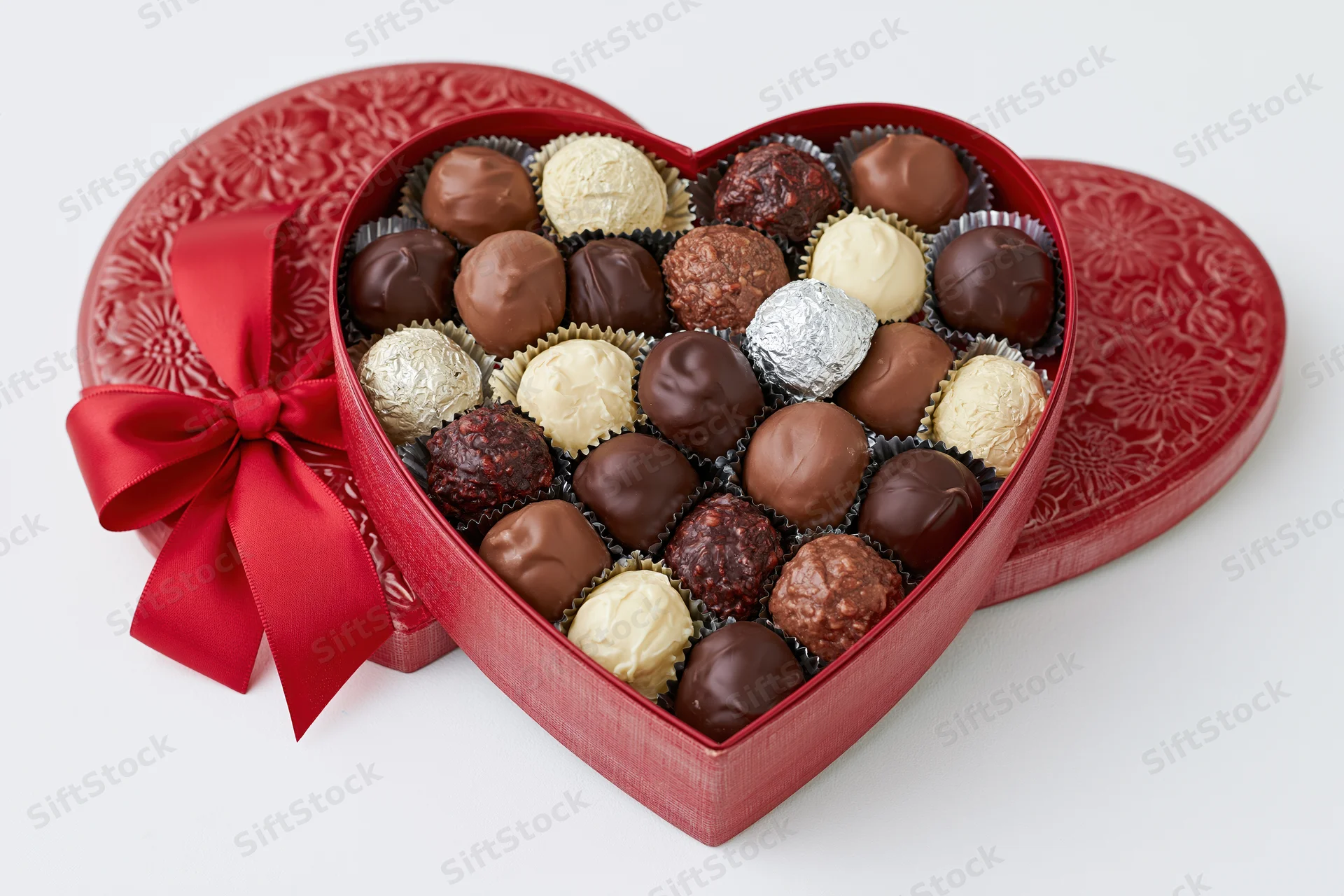 Heart-shaped chocolate gift box open with assorted truffles and ribbon on white background
